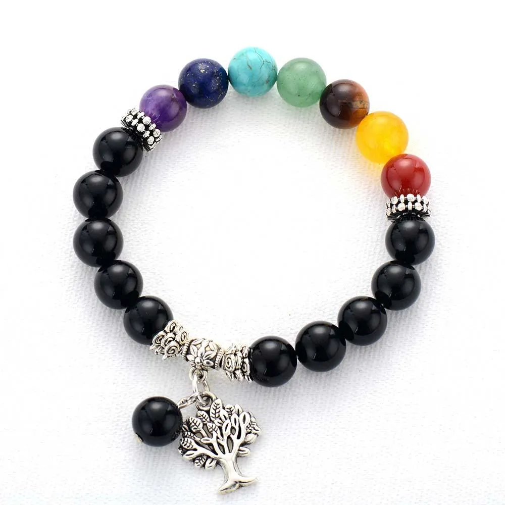 7 Chakra Stretchy Bracelet w/ Tree of Life Charm