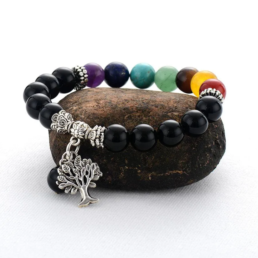 7 Chakra Stretchy Bracelet w/ Tree of Life Charm