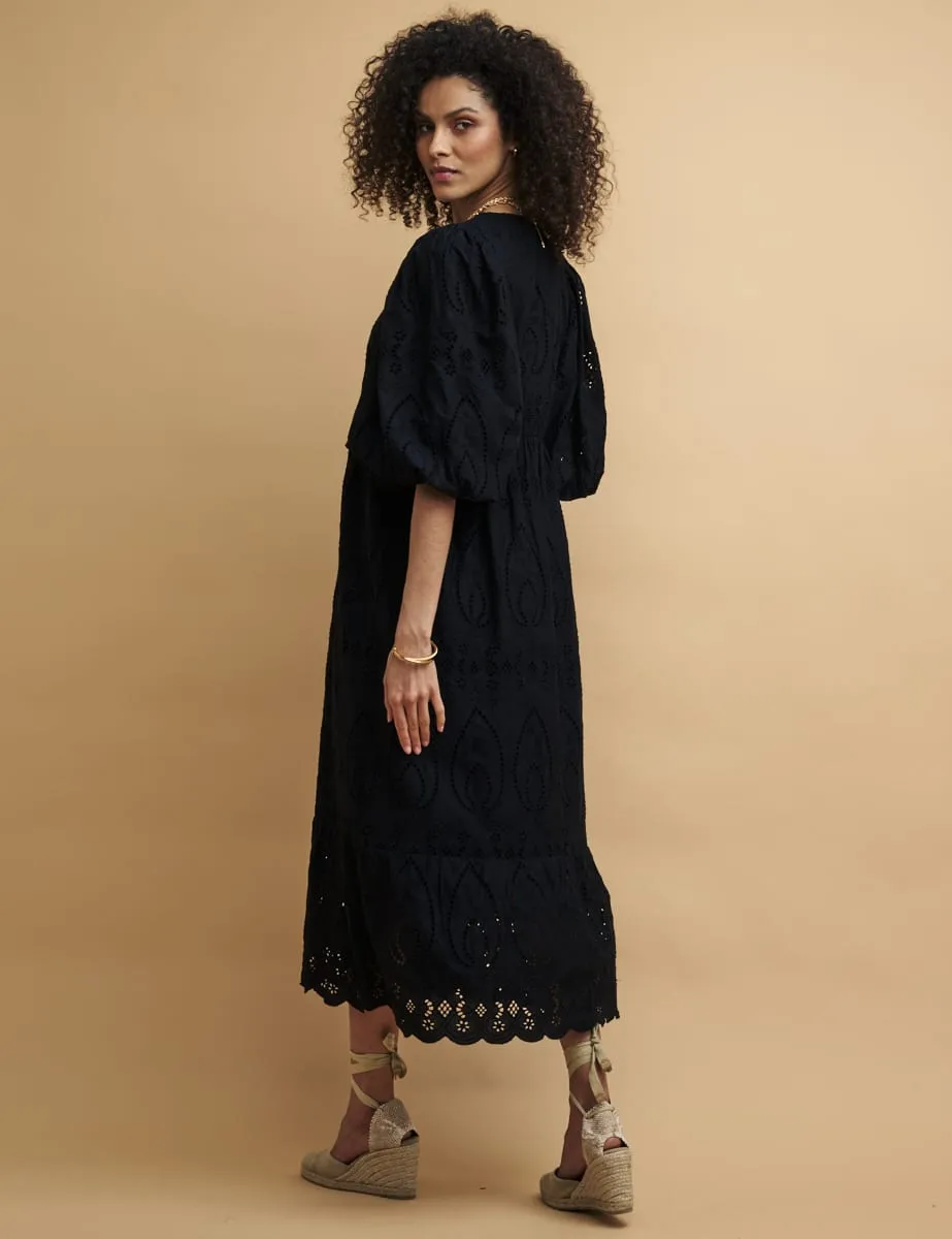 Black Broderie Anglaise Nora Midaxi Dress