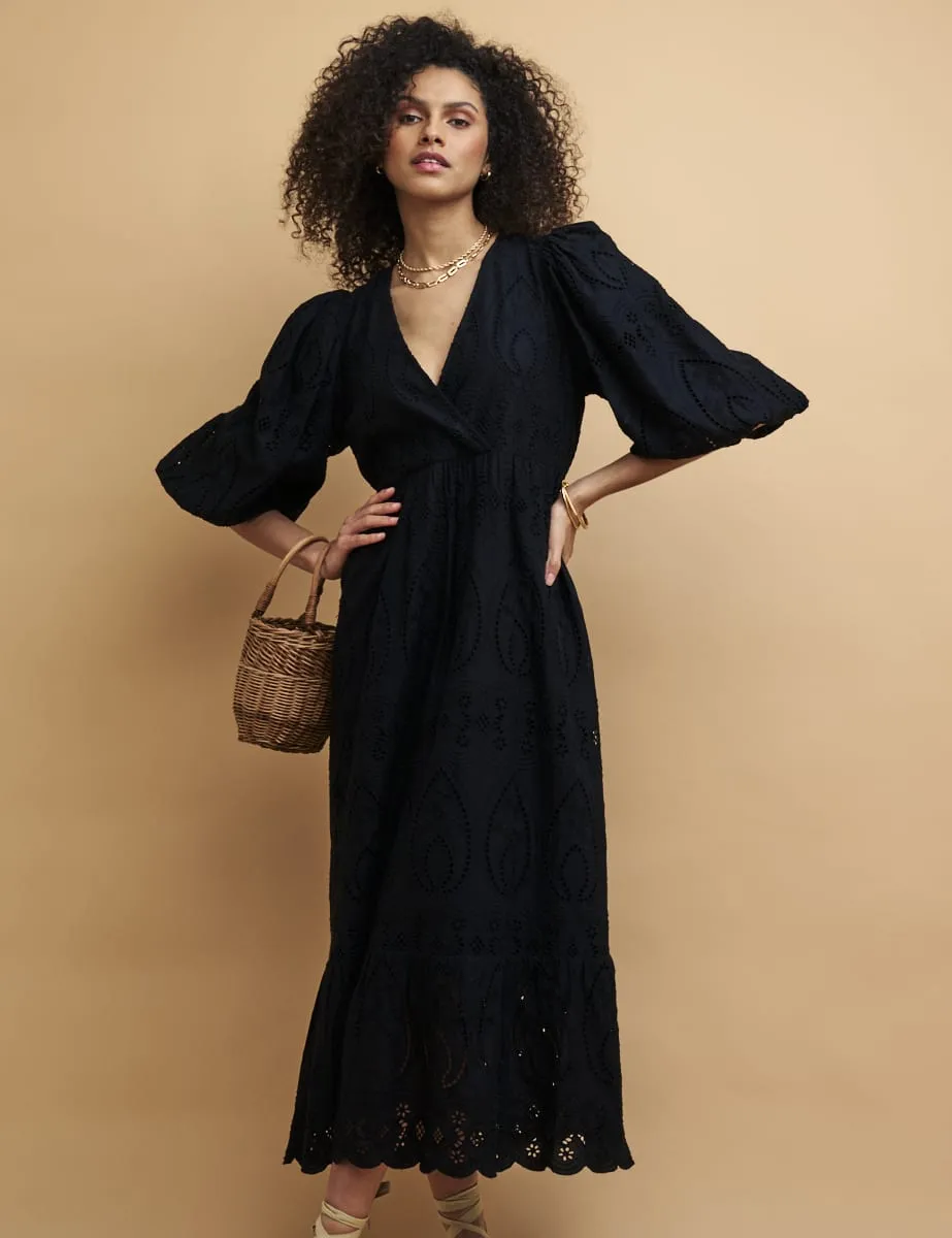 Black Broderie Anglaise Nora Midaxi Dress