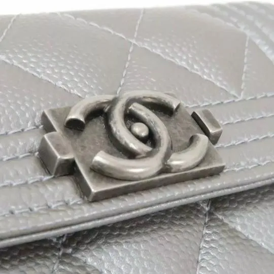 Chanel Silver Boy Metallic Caviar Quilted Card Holder Wallet