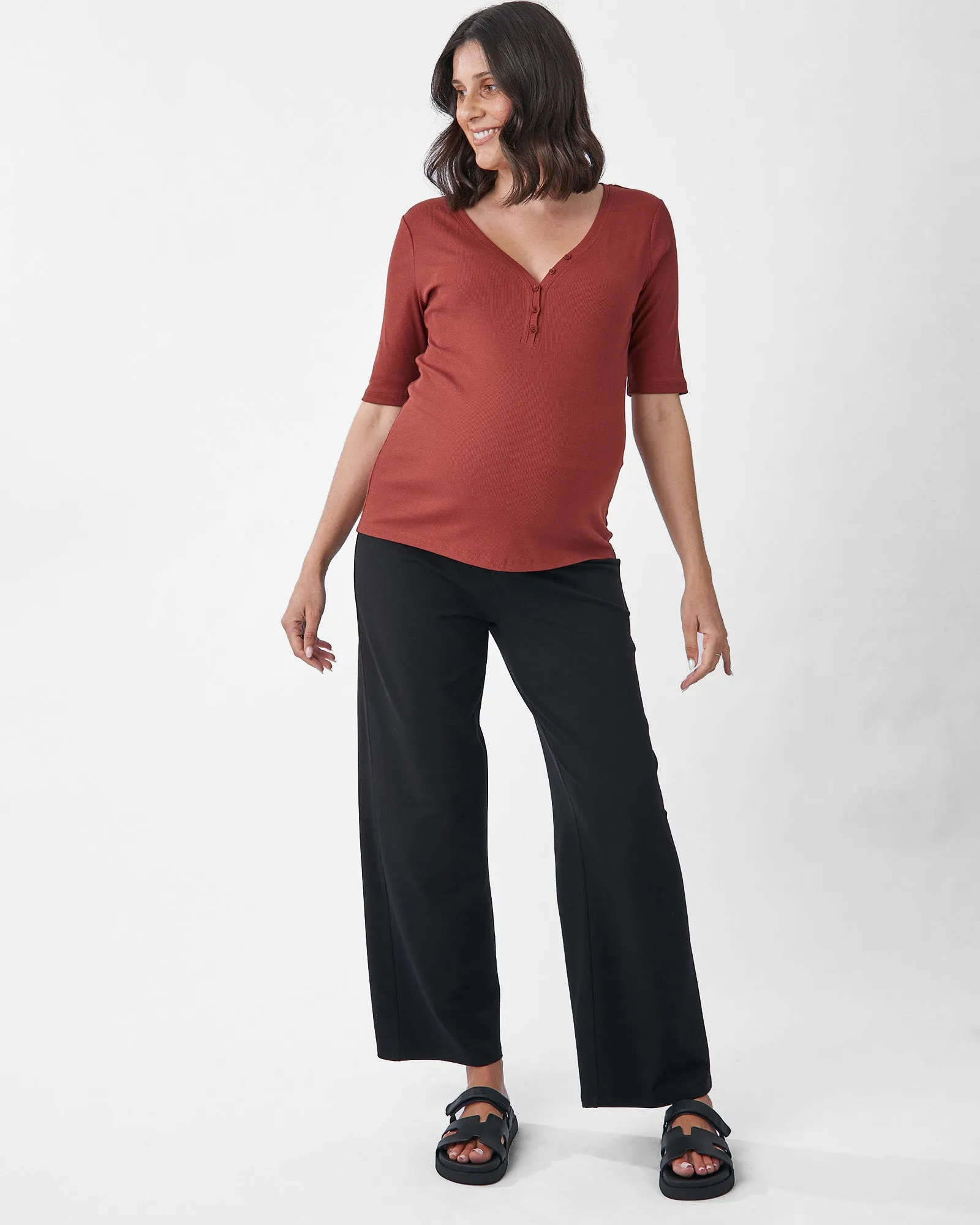 Comfortably Chic Maternity Henley Top in Brick Red