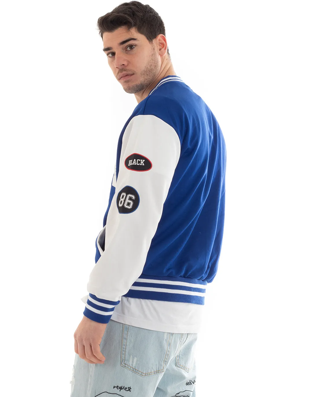 Felpa Uomo Giubbotto Girocollo Varsity College Stampa Con Patch Blu Royal GIOSAL-F2970A