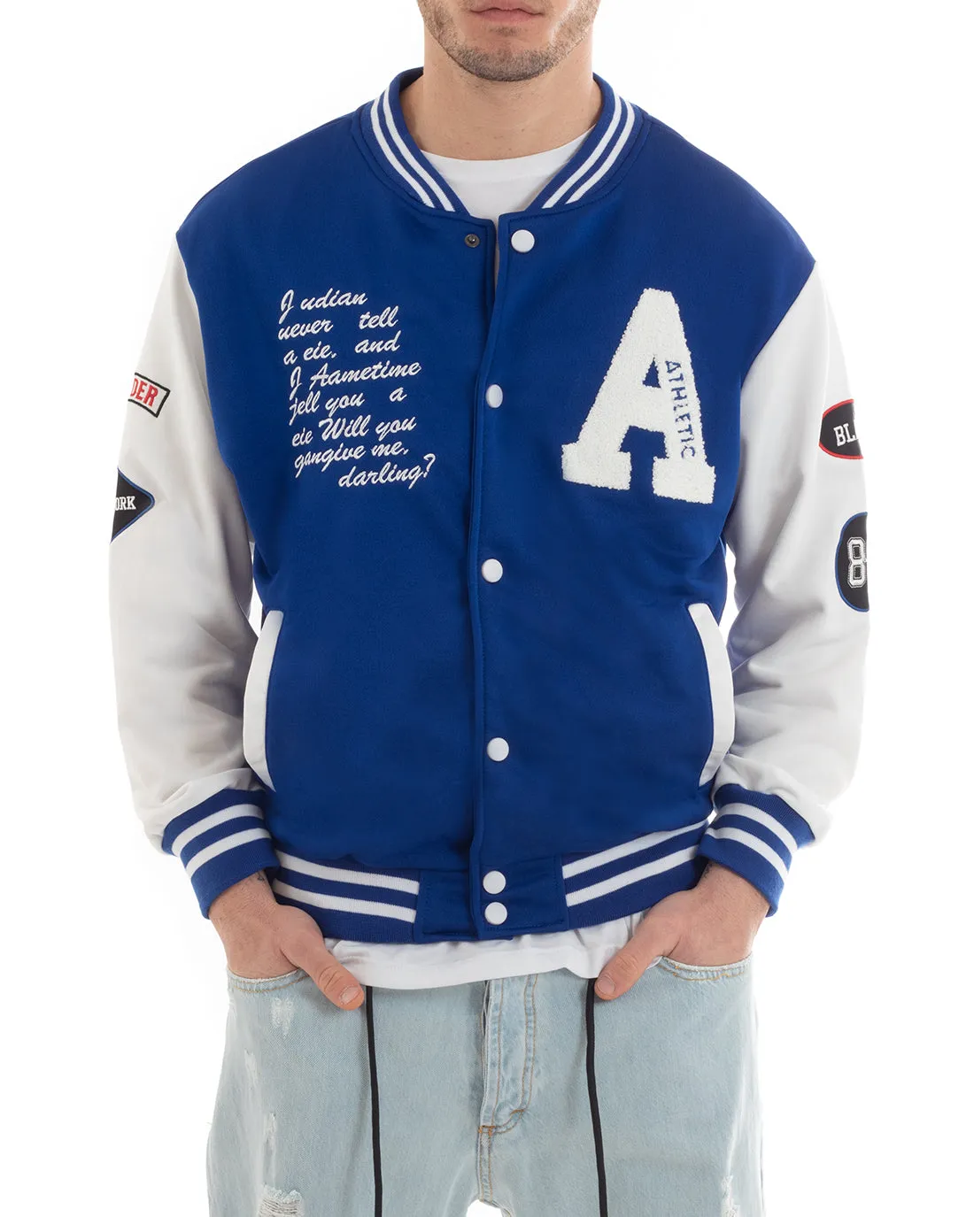 Felpa Uomo Giubbotto Girocollo Varsity College Stampa Con Patch Blu Royal GIOSAL-F2970A