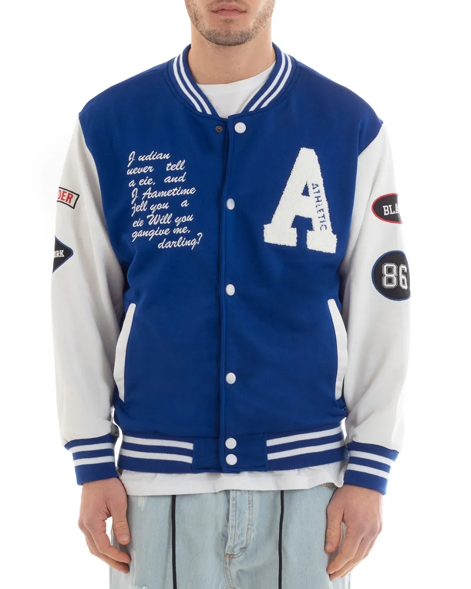 Felpa Uomo Giubbotto Girocollo Varsity College Stampa Con Patch Blu Royal GIOSAL-F2970A