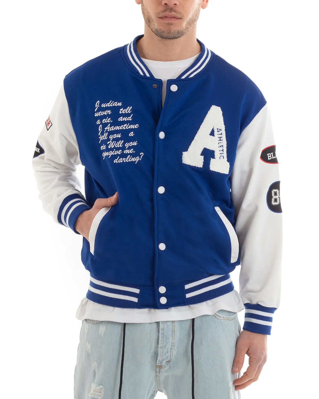 Felpa Uomo Giubbotto Girocollo Varsity College Stampa Con Patch Blu Royal GIOSAL-F2970A