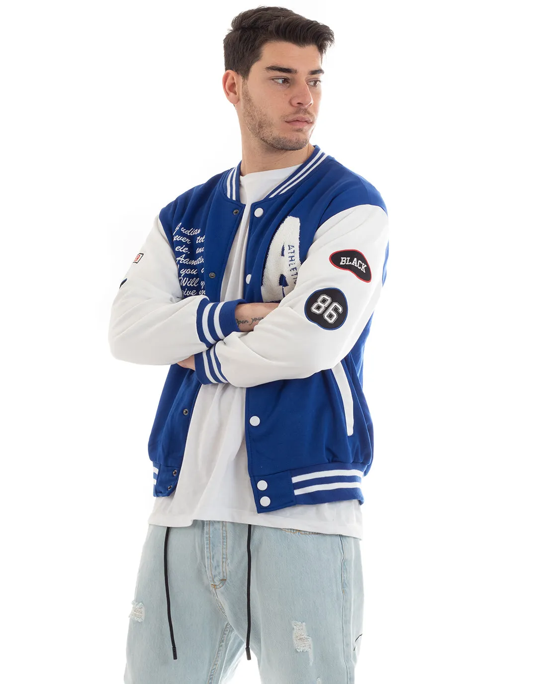 Felpa Uomo Giubbotto Girocollo Varsity College Stampa Con Patch Blu Royal GIOSAL-F2970A