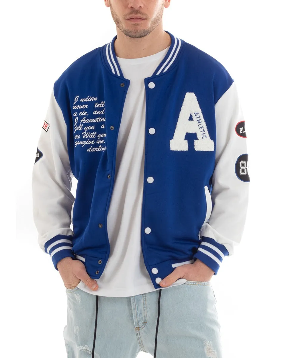 Felpa Uomo Giubbotto Girocollo Varsity College Stampa Con Patch Blu Royal GIOSAL-F2970A