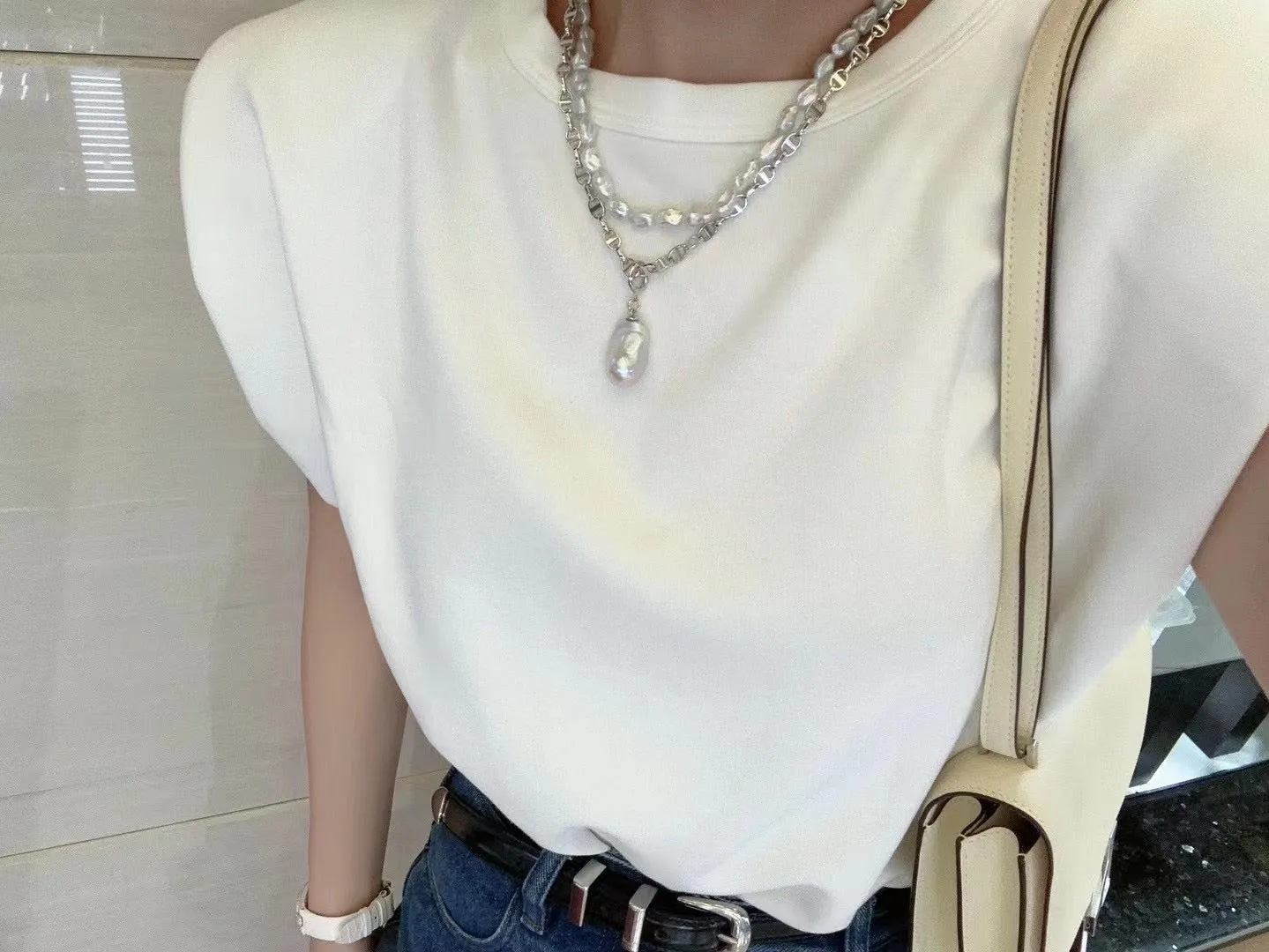 [Final Sale]  Freshwater Keshi 7-9mm Pearl Rare Silver Color Overtone Necklace