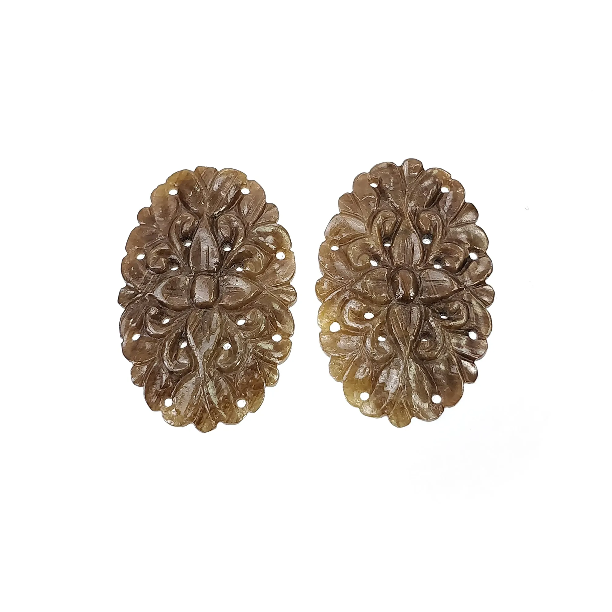 GOLDEN BROWN Chocolate Sheen SAPPHIRE Gemstone Carving : 42.00cts Natural Untreated Sapphire Hand Carved Oval 32.5*21mm Pair (With Video)