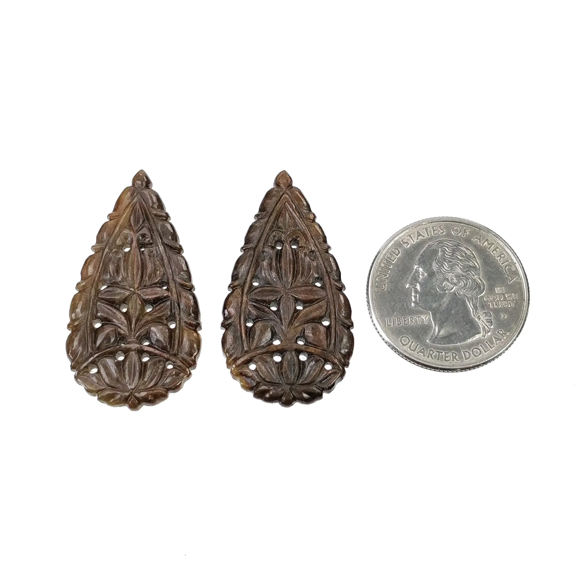 GOLDEN BROWN Chocolate Sheen SAPPHIRE Gemstone Carving : 49.00cts Natural Untreated Sapphire Hand Carved Pear 37.5*20mm Pair (With Video)