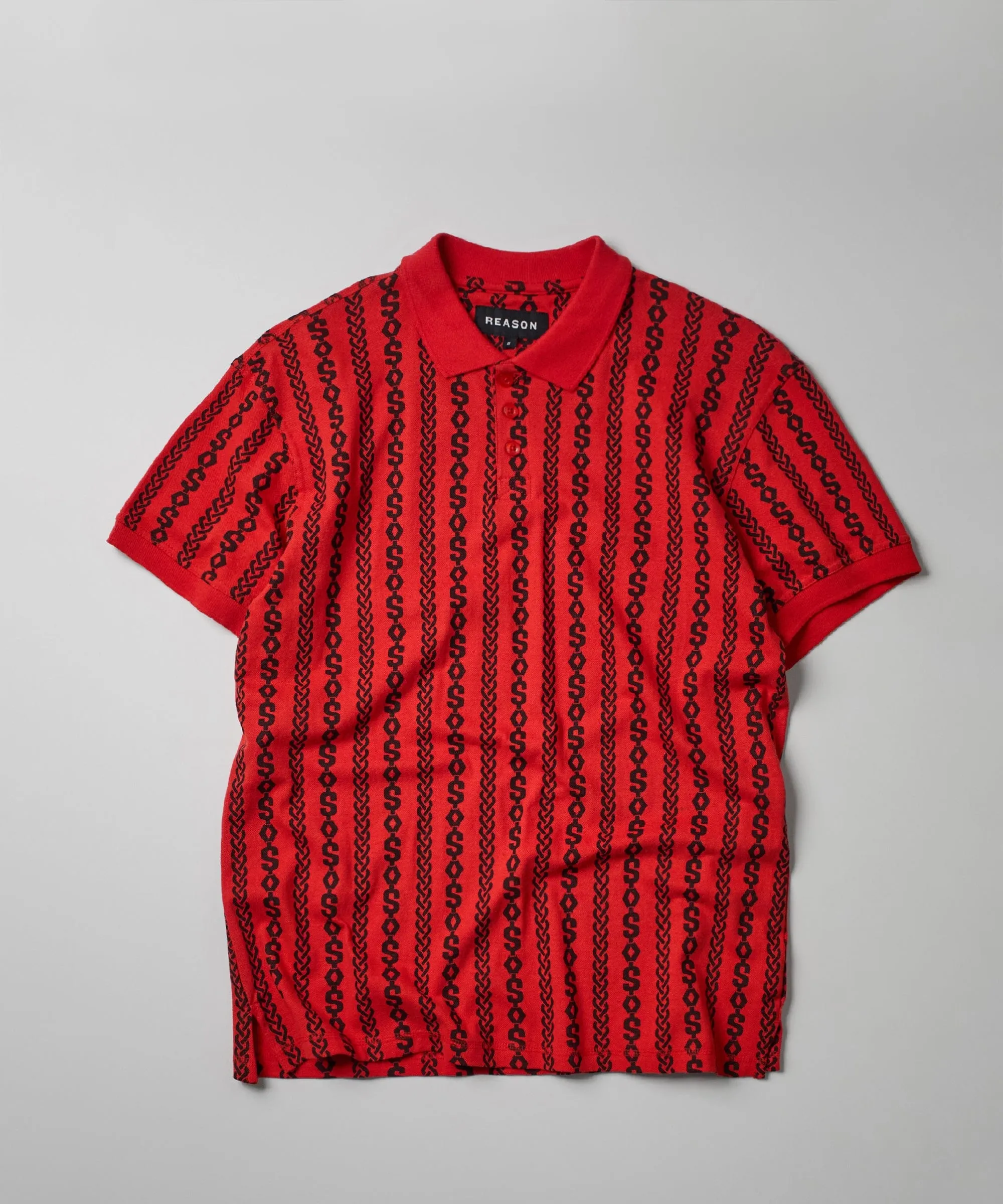 Knit Stripe Allover Print Polo - Red