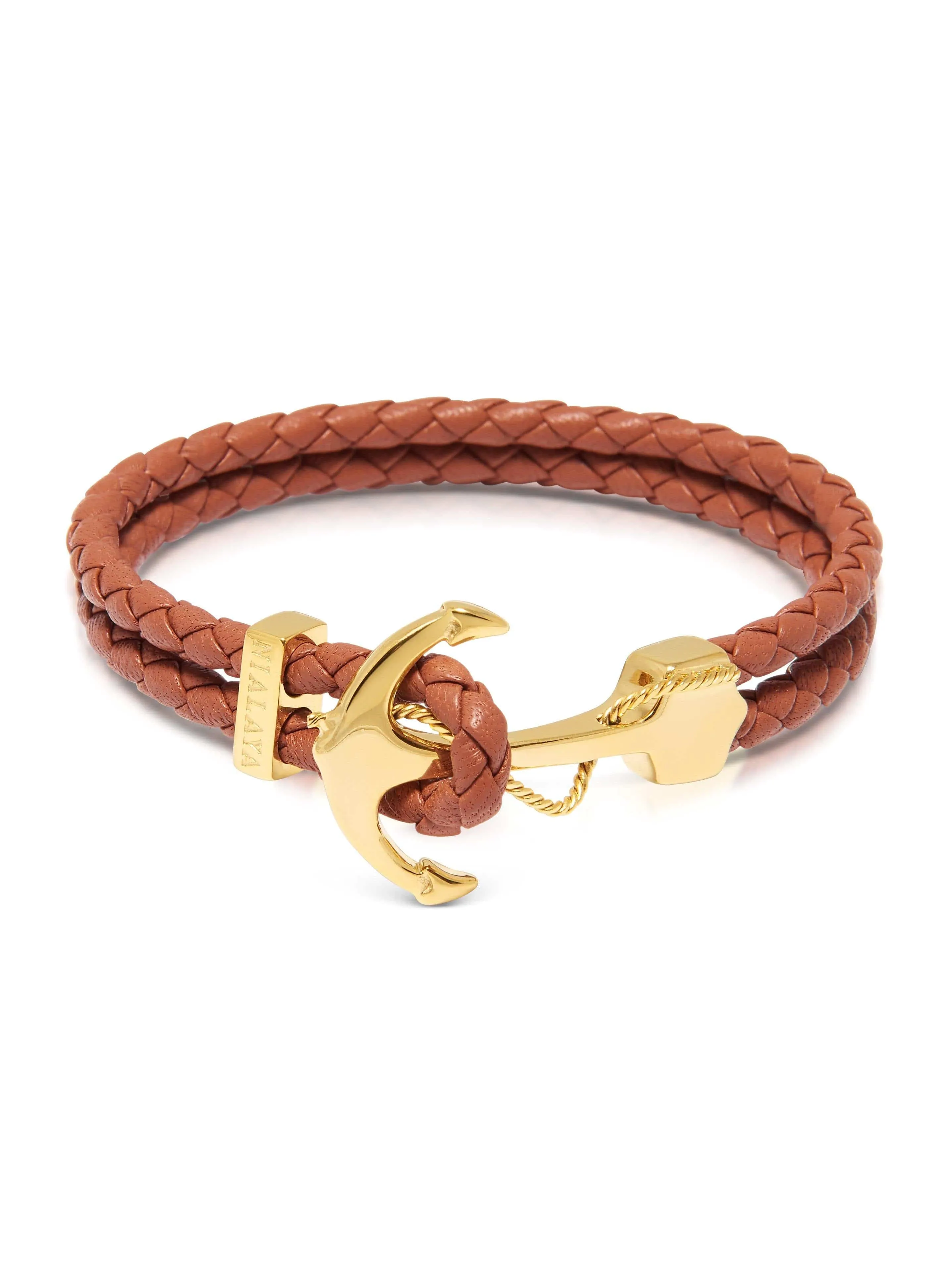 Men's Brown Leather Bracelet with Gold Anchor