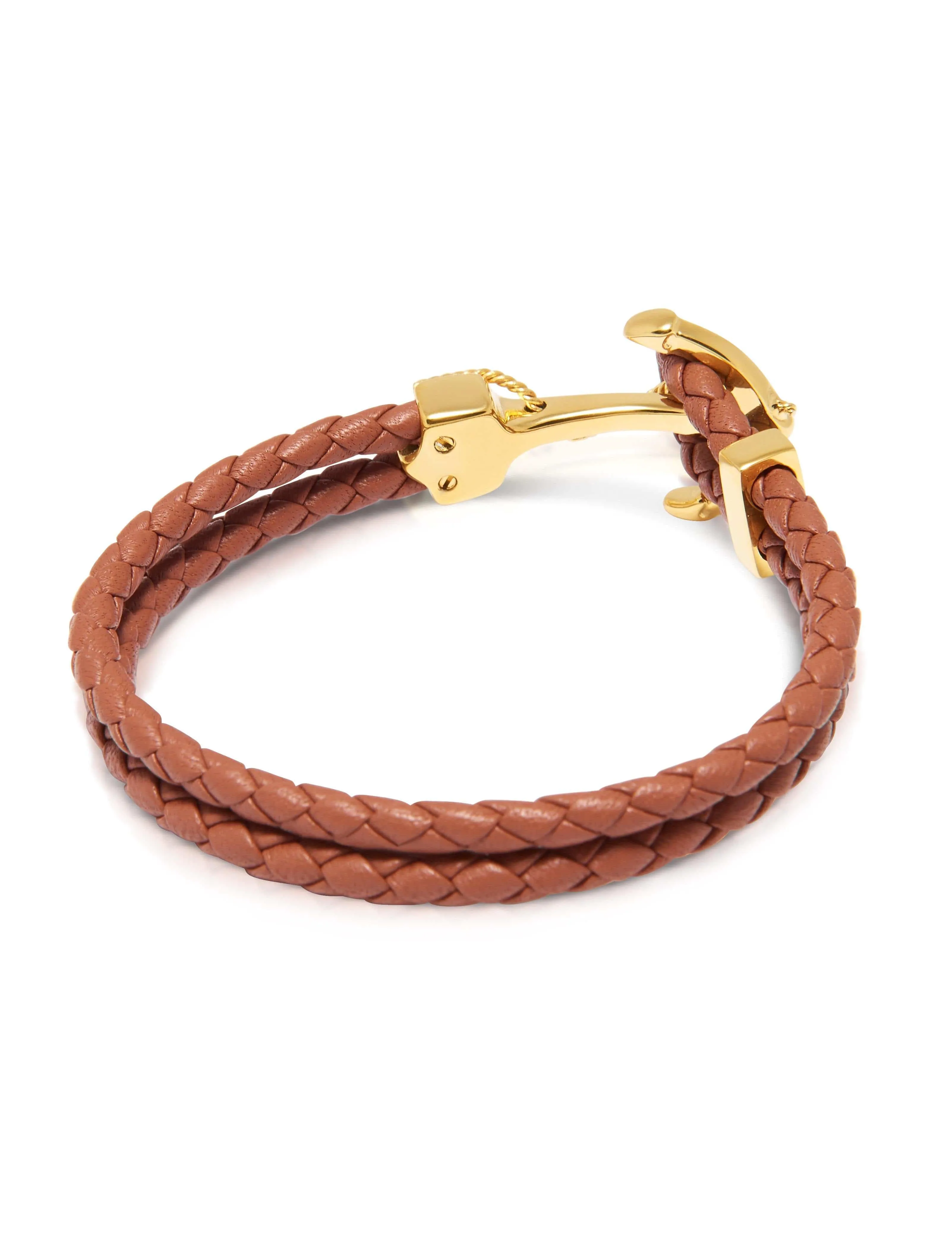 Men's Brown Leather Bracelet with Gold Anchor