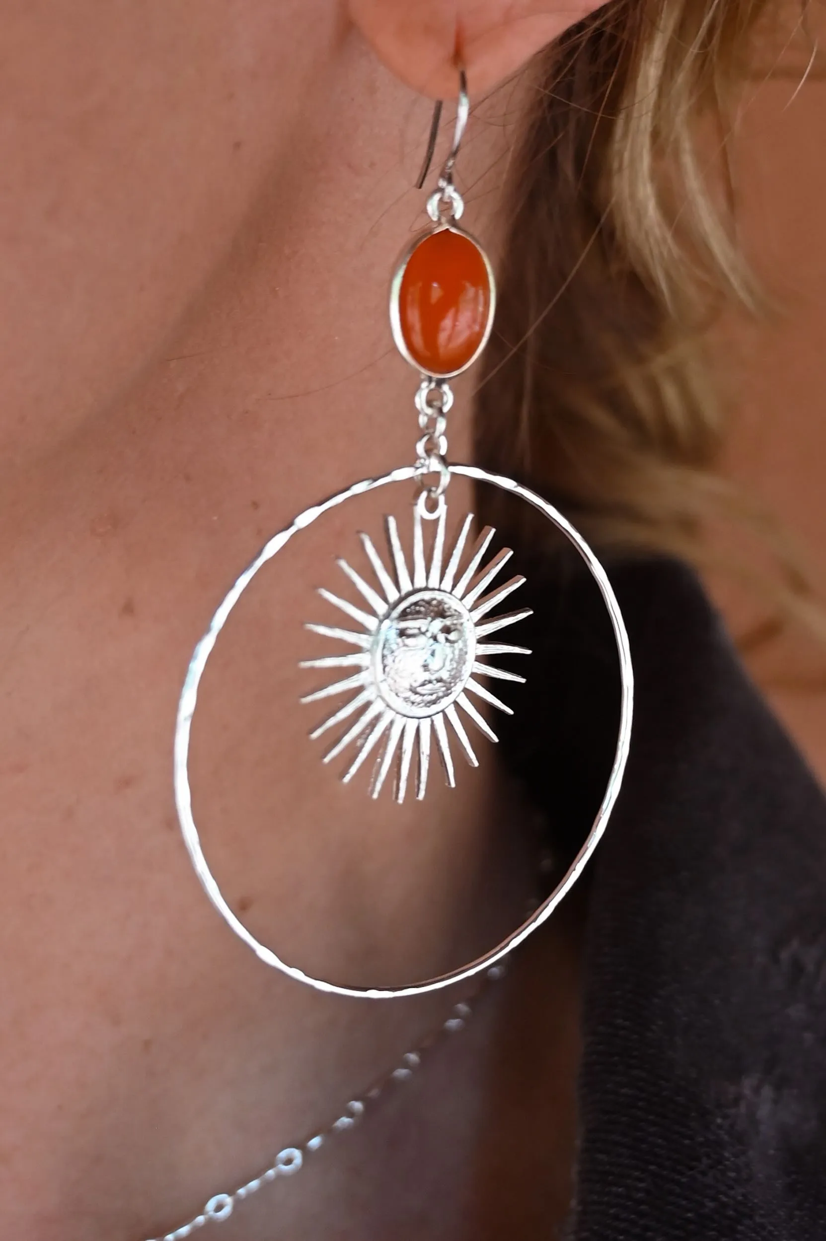 Soul on Fire Carnelian Silver Sun Hoops