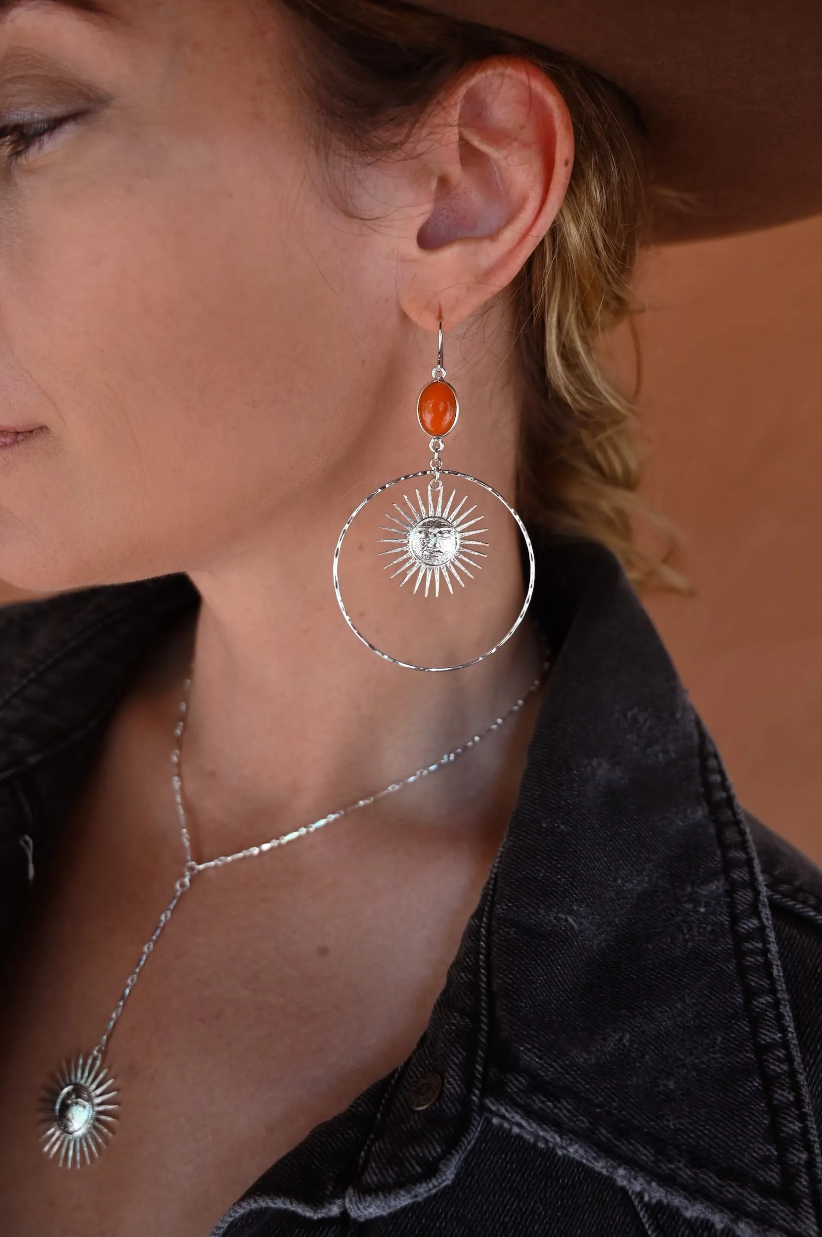 Soul on Fire Carnelian Silver Sun Hoops