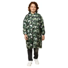 THE CLOWNFISH Boy Cannon Series Kids Waterproof Nylon Double Coating Reversible Longcoat With Hood And Reflector Logo At Back. Printed Plastic Pouch. Kid Age-8-9 Years (Green Camo)